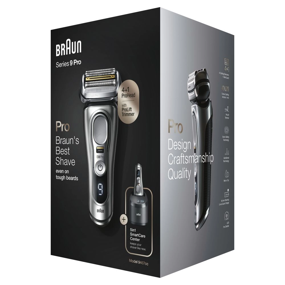 Braun Series 9 9467cc | Rasierer | Nass und Trockenrasierer | Ladestation | Active Quattro Head | Folienschaber | Schwarz, Grau