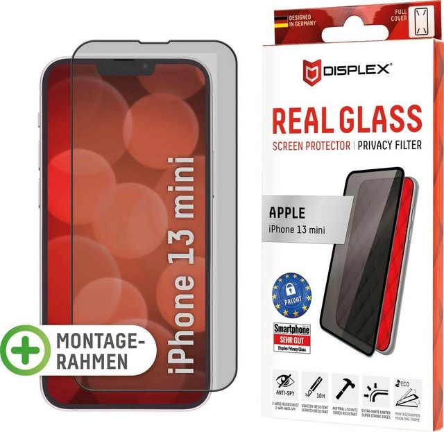 Displex »DISPLEX Privacy Panzerglas (10H) für Apple iPhone 13 mini, Eco-Montagerahmen, Privacy Filter, Tempered Glas, kratzer-resistente Schutzfolie, hüllenfreundlich«, Displayschutzfolie