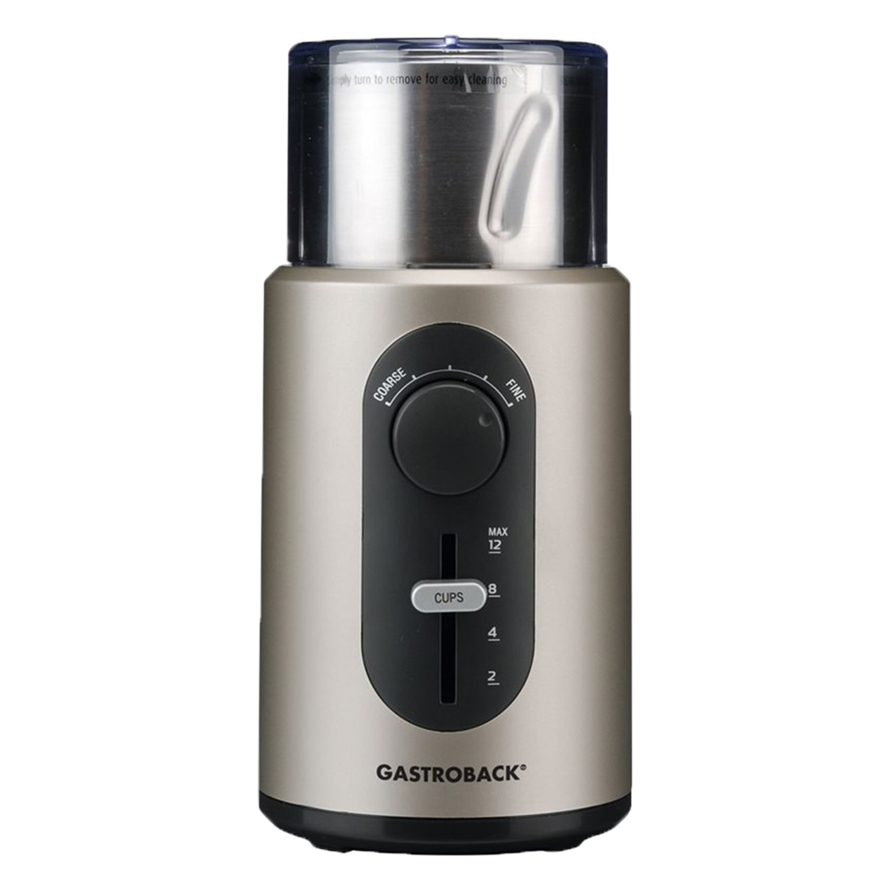 Gastroback Design Kaffeemühle Basic | 270 Watt Leistung | Edelstahl-Schneidemesser-System | Zeitschaltuhr | Tassenanzahl wählbar | Sensor-Schalter