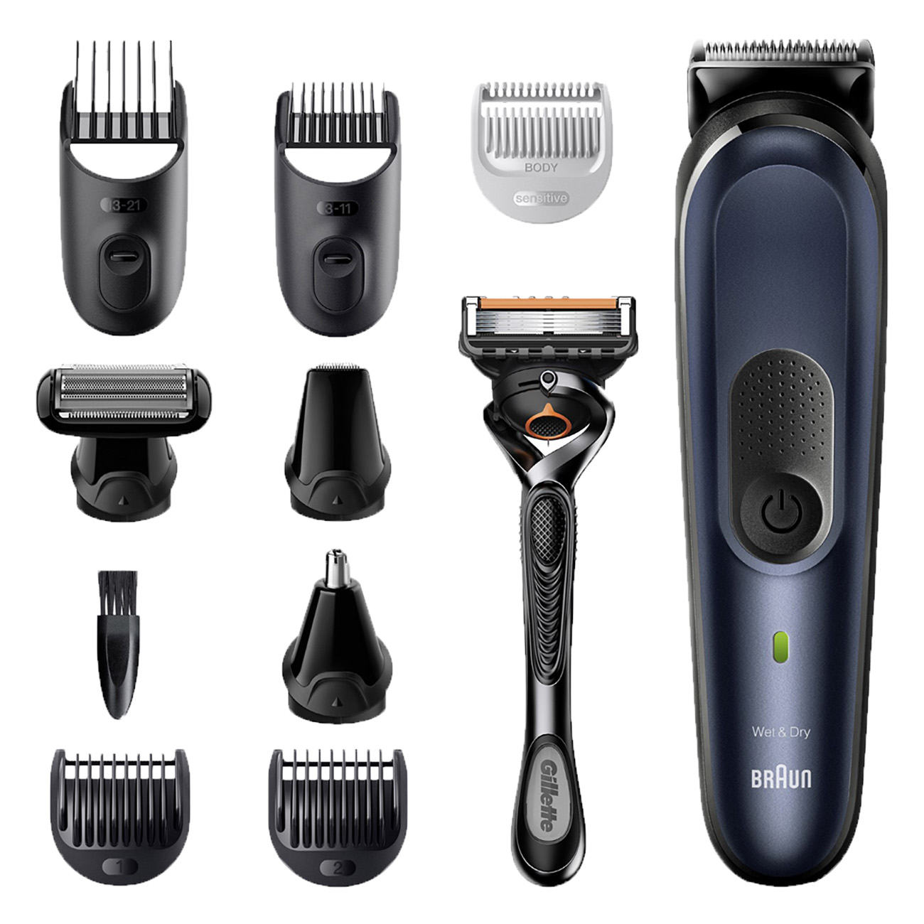 Braun MGK 7330 MultiGroomingKit | Rasierer | 9 verschiedene Stylingaufsätze + Gillette ProGlide | Sensitiv-Aufsatz für empfindliche Körperstellen