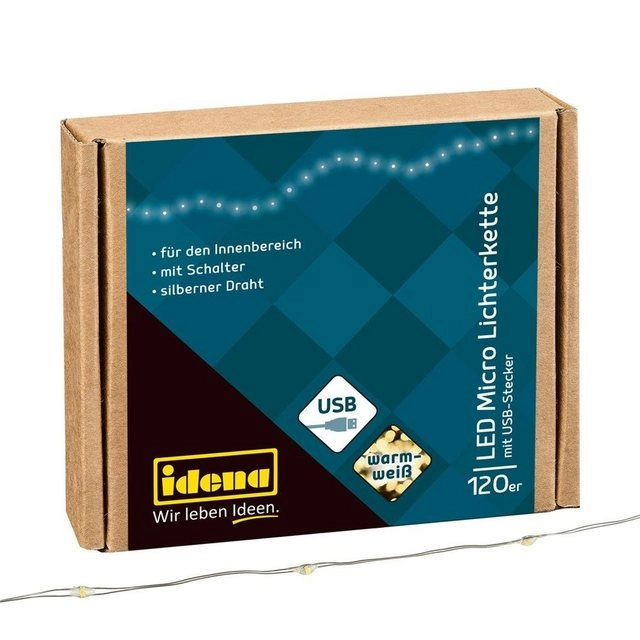 Idena LED Micro Lichterkette 120 LED warmweiß mit Silberdraht USB für innen ca. 13,50 m