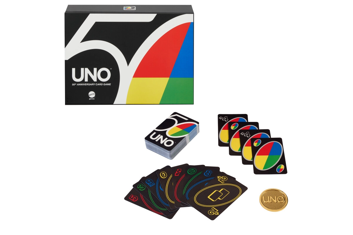 Mattel Games UNO Premium 50 Jahre Jubiläumsedition mit Münze
